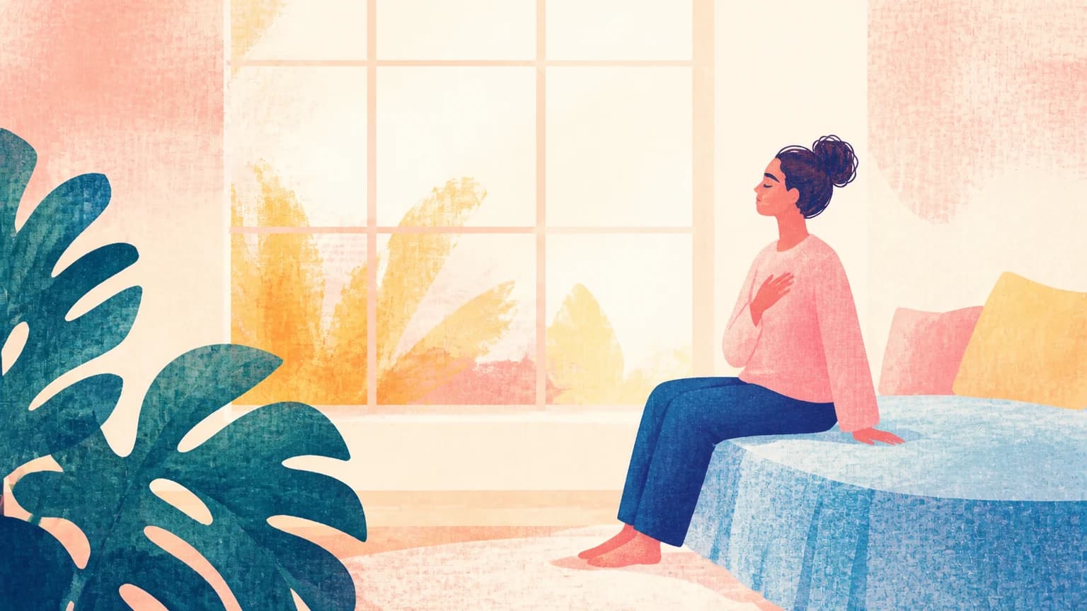 Ilustración de una persona sentada en el borde de una cama con una mano en el pecho, junto a una ventana con luz cálida