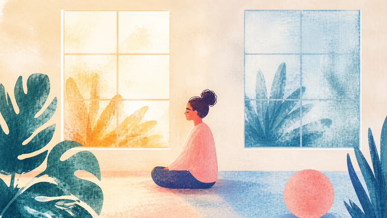Ilustración de dos ventanas contiguas, una con luz cálida y otra con luz azul apagada, y una figura de perfil entre las dos