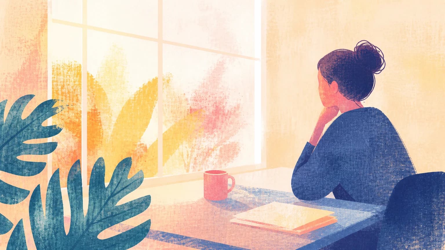 Ilustración de una persona sentada a un escritorio junto a una ventana, mirando hacia afuera con los hombros caídos