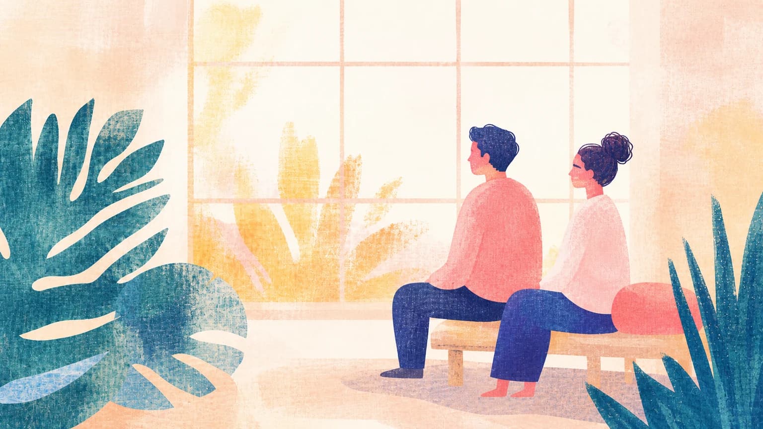 Ilustración de dos personas sentadas lado a lado en un banco junto a una ventana, sin mirarse, en calma