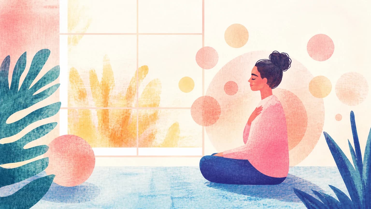 Ilustración de una persona sentada en el suelo junto a una ventana, de perfil, con una mano apoyada en el pecho