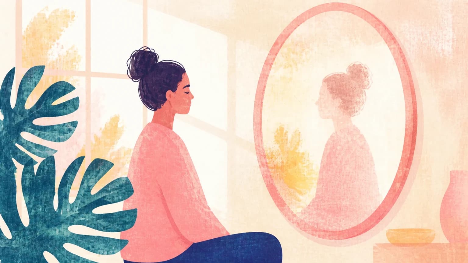 Ilustración de una persona de perfil frente a un espejo ovalado en una habitación cálida con una planta grande