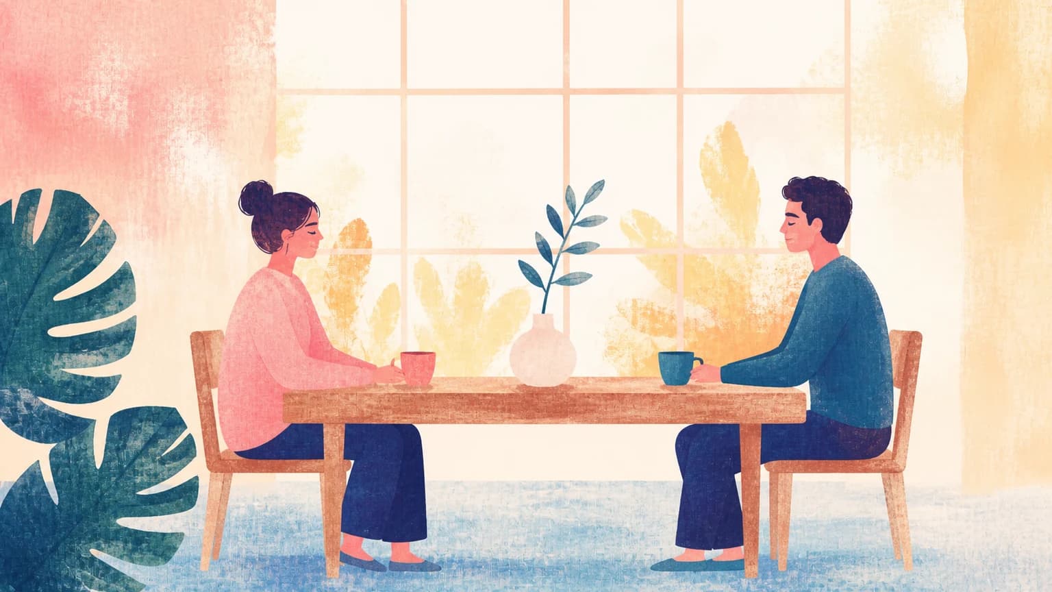 Ilustración de dos figuras sentadas en extremos opuestos de una mesa de madera, cada una con una taza