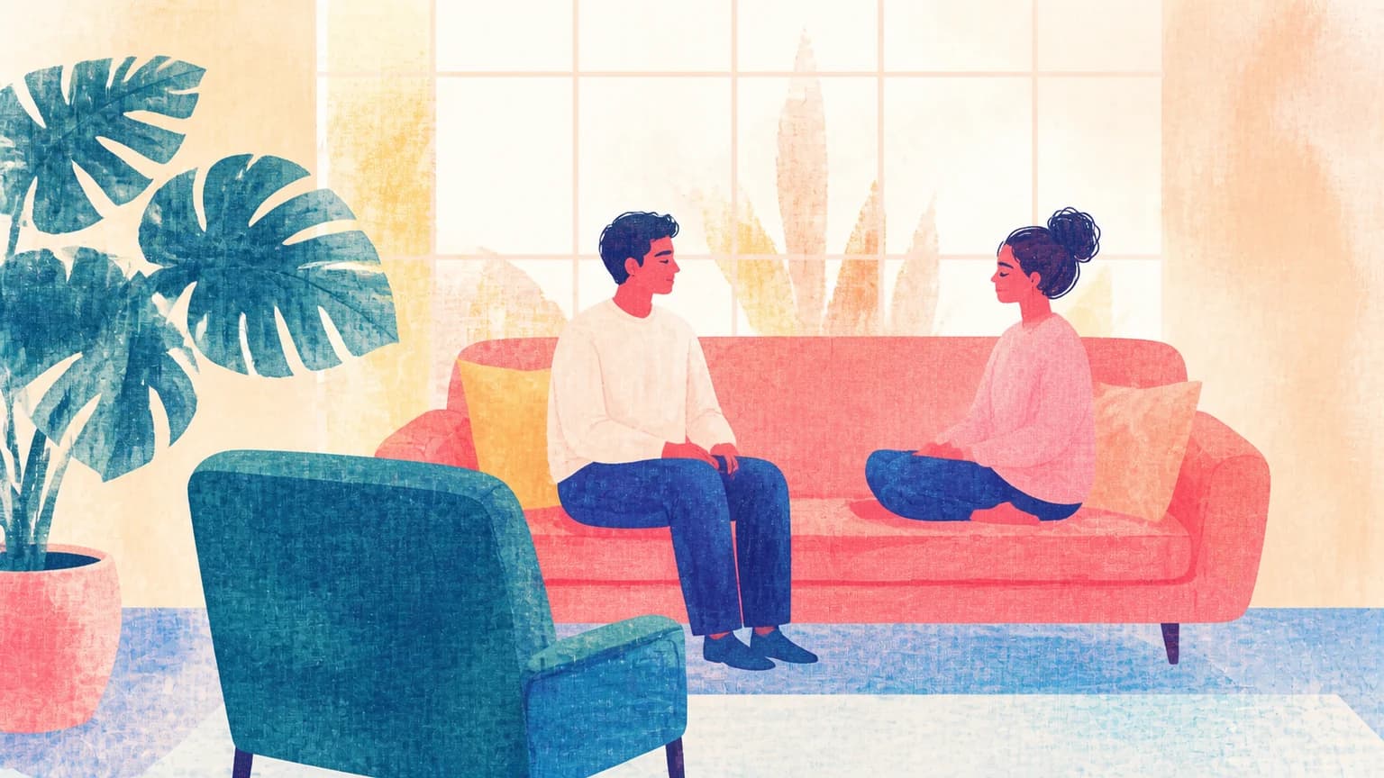 Ilustración de dos personas sentadas en un sofá girándose ligeramente una hacia la otra, con una silla vacía enfrente