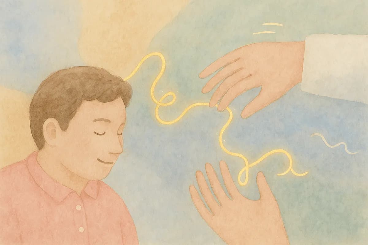 Ilustración de un niño con los ojos cerrados mientras se conecta con las manos de un psicólogo a través de una línea dorada que simboliza la terapia emocional.