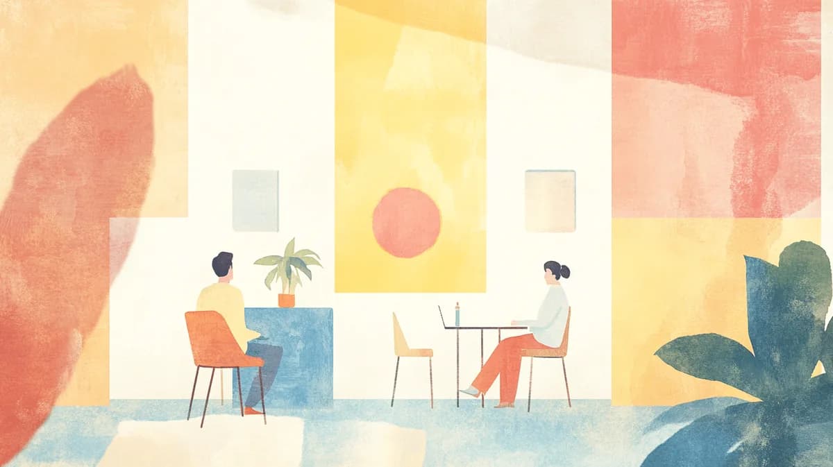 Ilustración abstracta de una sesión de terapia, con un terapeuta y un paciente sentados frente a frente en una sala cálida y colorida.