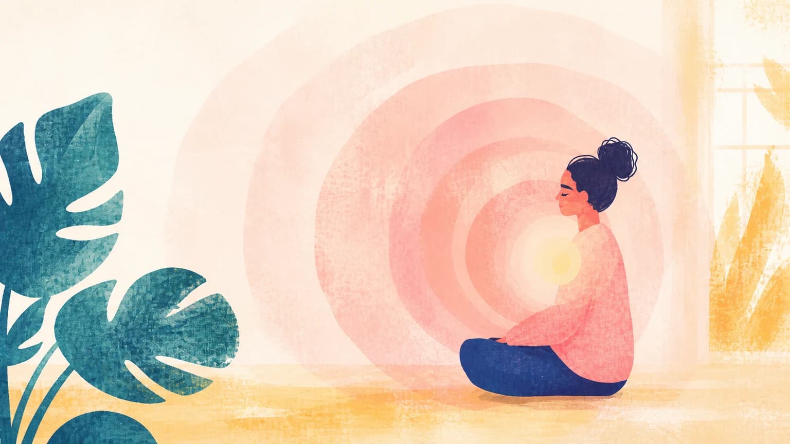 Ilustración de una figura de perfil con formas concéntricas suaves a la altura del pecho, en una habitación cálida