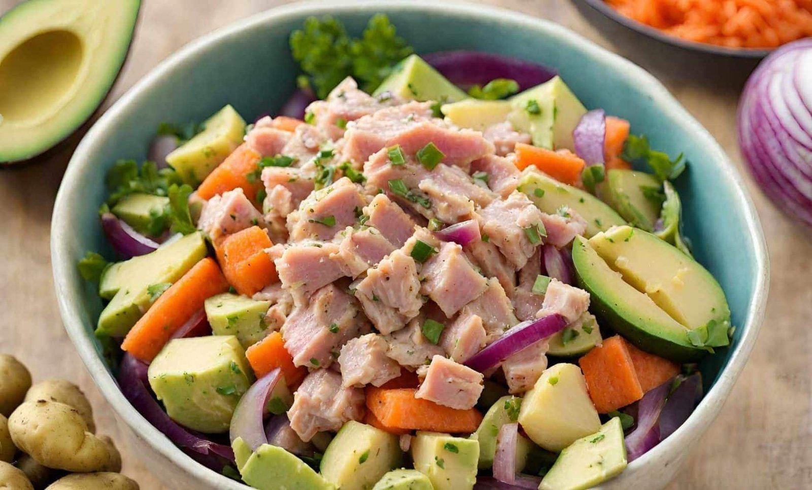 Ensalada de atún con aguacate, zanahorias, papas y cebolla morada en un tazón azul.”