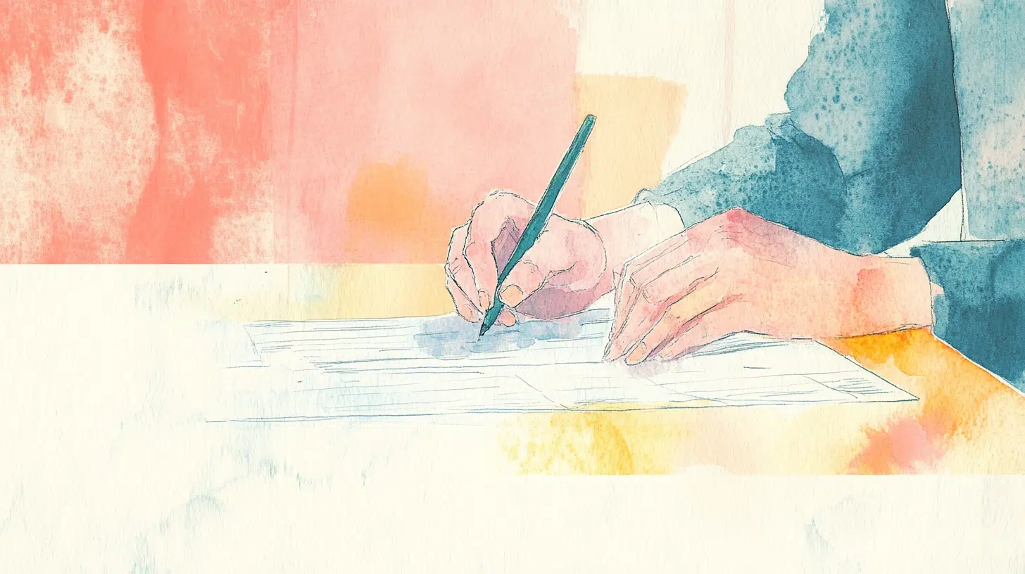 Ilustración de una mano escribiendo en un papel con colores cálidos de fondo.