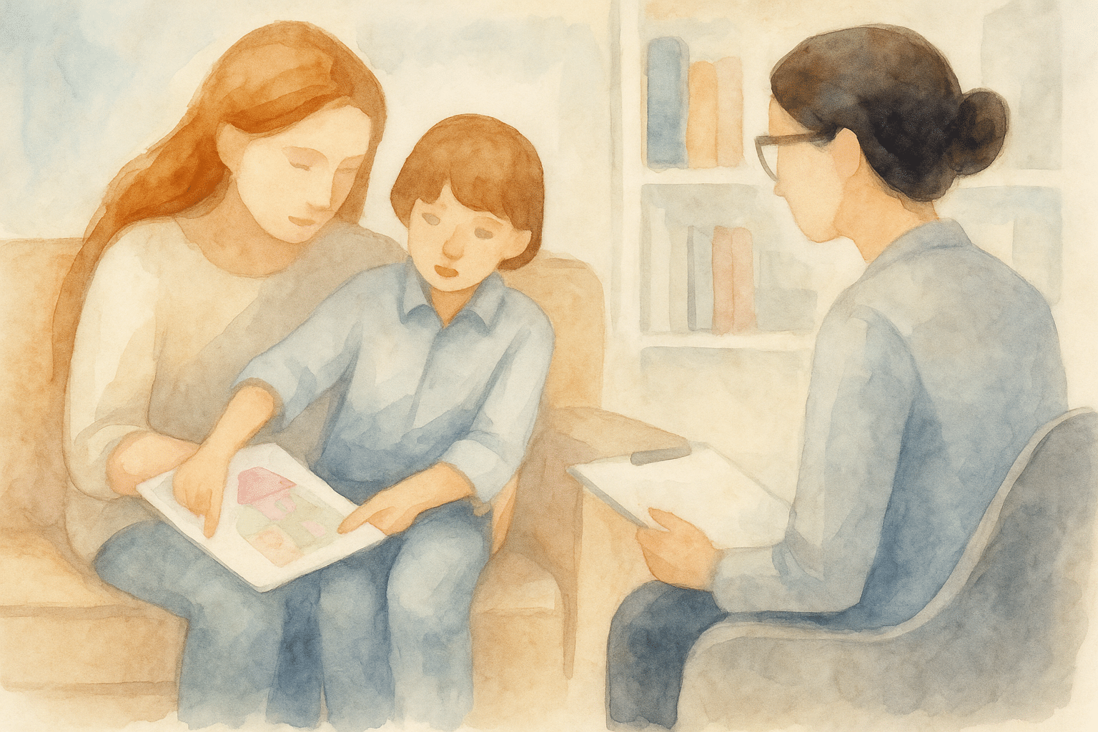 Sesión terapéutica donde se observa qué detecta un psicólogo infantil a través del dibujo de un niño acompañado por su madre.