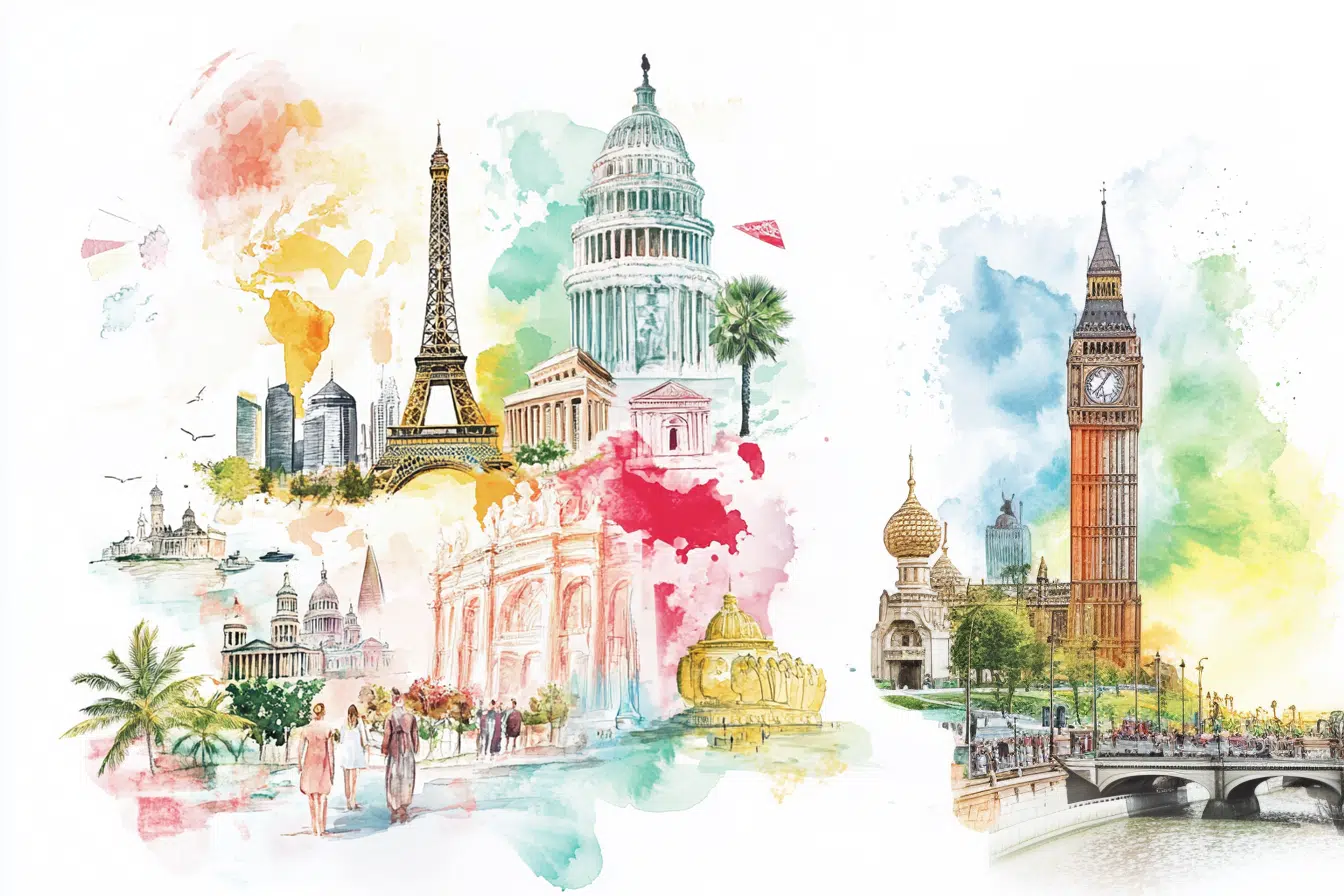 Ilustración de vision board 2025 acuarelada de destinos turísticos icónicos del mundo, como la Torre Eiffel, el Capitolio y el Big Ben.