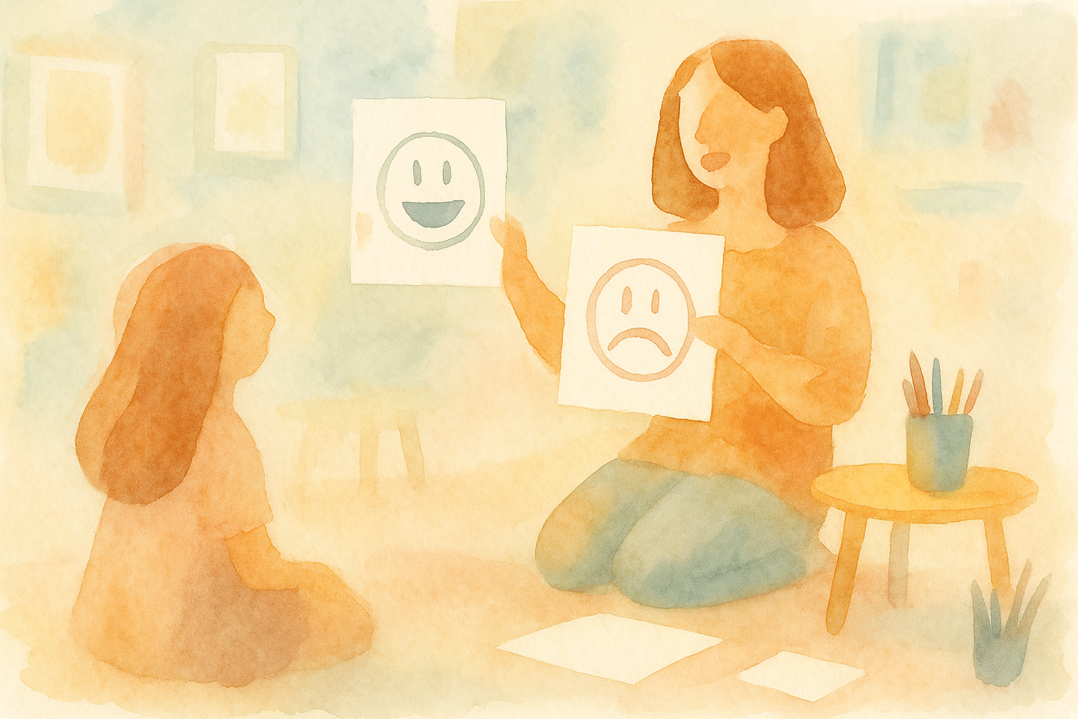 Ilustración de una sesión donde una psicóloga infantil ayuda a una niña a identificar emociones, representando cuándo buscar ayuda psicológica.