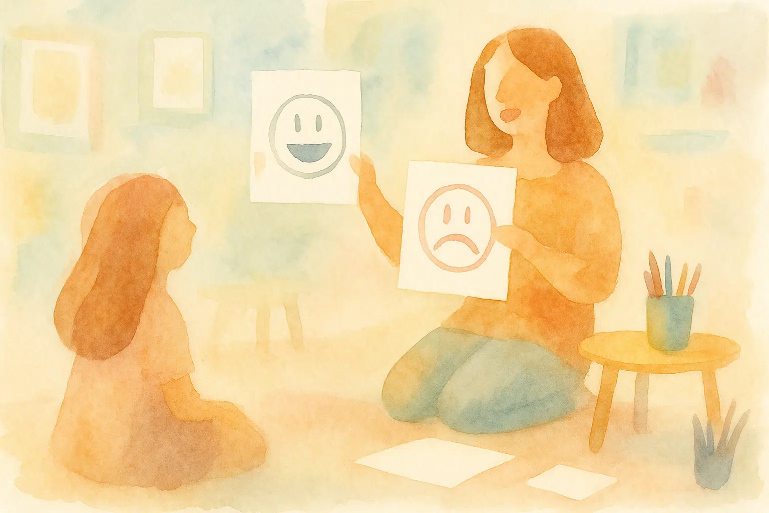 Ilustración de una sesión donde una psicóloga infantil ayuda a una niña a identificar emociones, representando cuándo buscar ayuda psicológica.