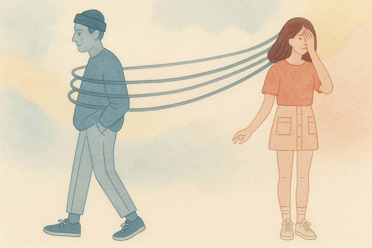 Ilustración de una mujer joven conectada emocionalmente a un hombre que se aleja, simbolizando la dependencia emocional en una relación de pareja.