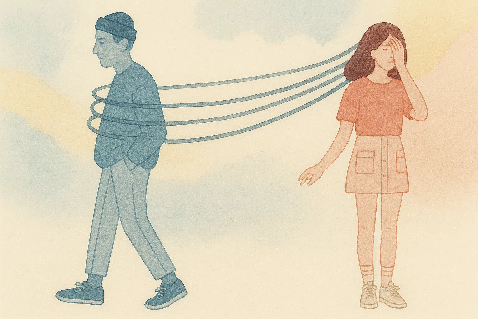 Ilustración de una mujer joven conectada emocionalmente a un hombre que se aleja, simbolizando la dependencia emocional en una relación de pareja.