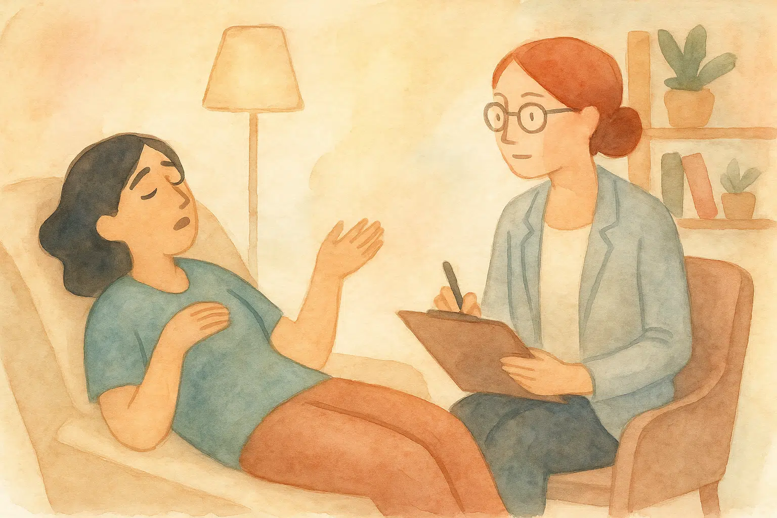 Ilustración de una sesión de terapia cognitivo-conductual con dos personas sentadas frente a frente en un fondo rosado.