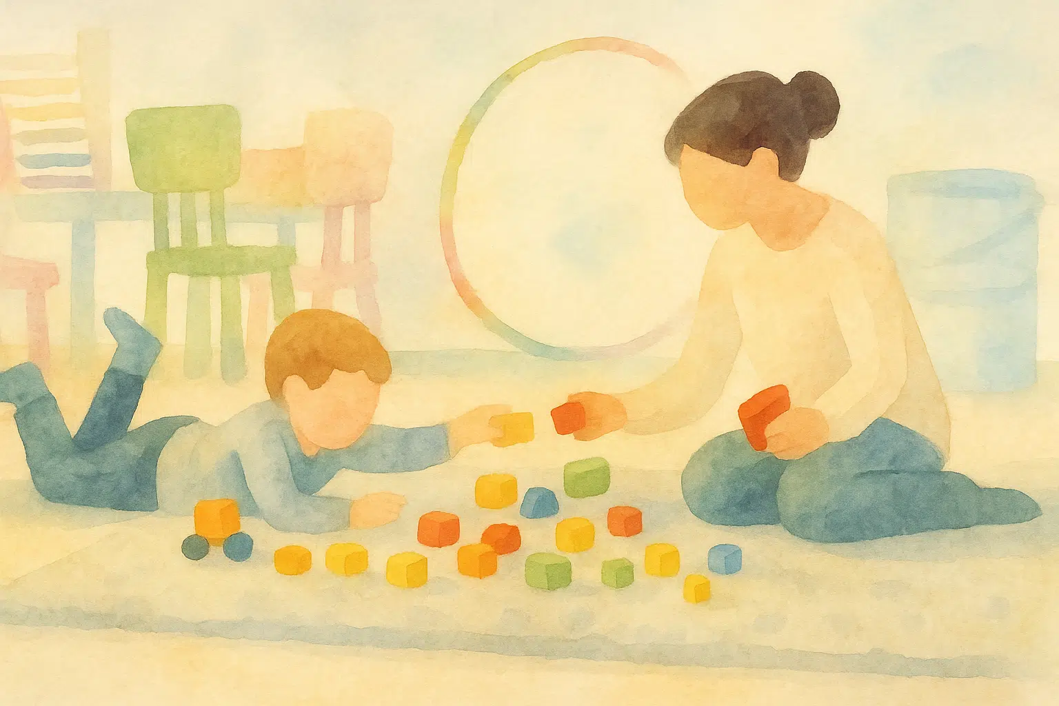 Ilustración que representa las funciones de un psicólogo infantil: profesional guiando a un niño durante una actividad terapéutica con bloques de colores.