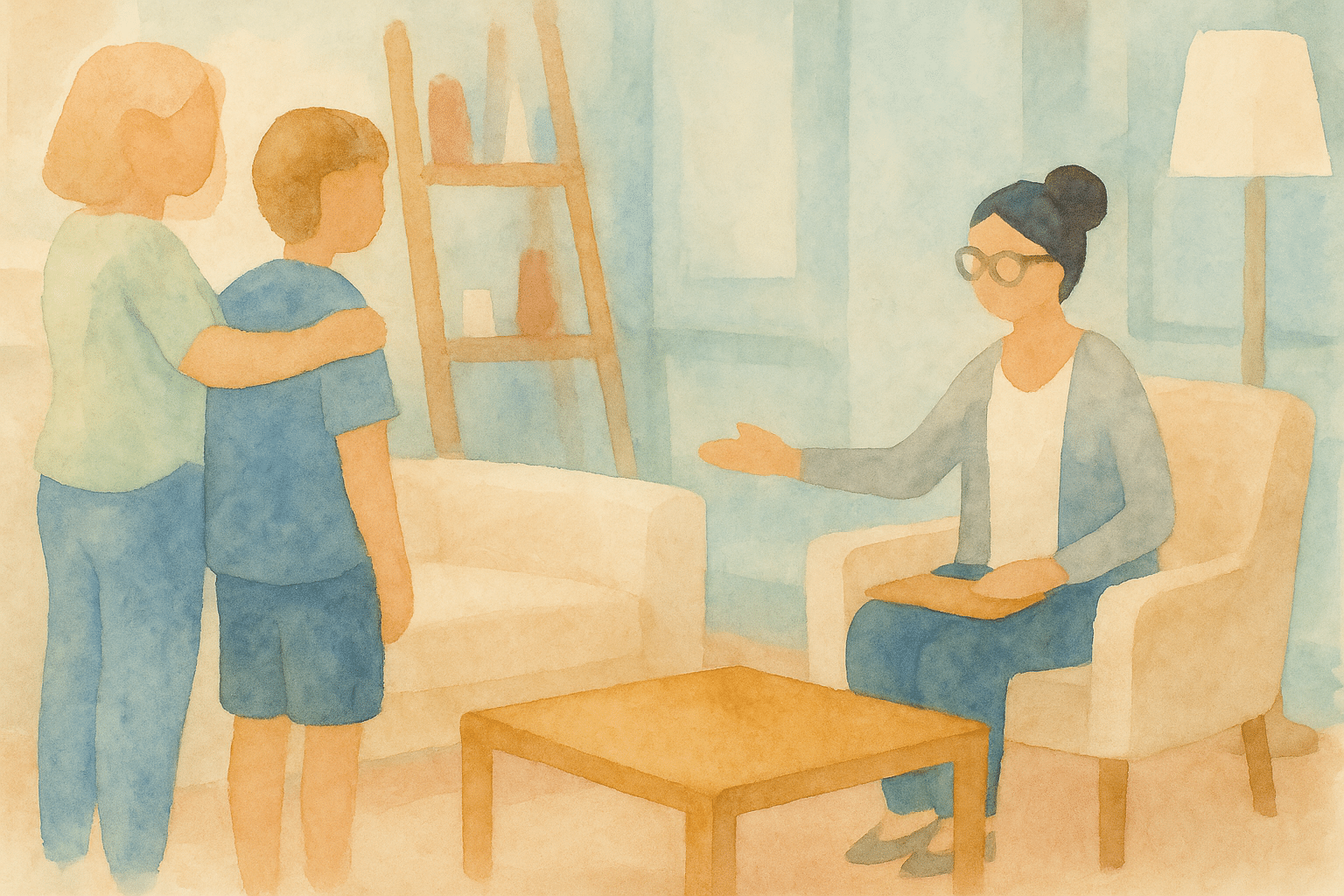 Ilustración que representa cuándo un niño necesita un psicólogo: madre acompaña a su hijo en su primera sesión con una psicóloga infantil en un entorno seguro.