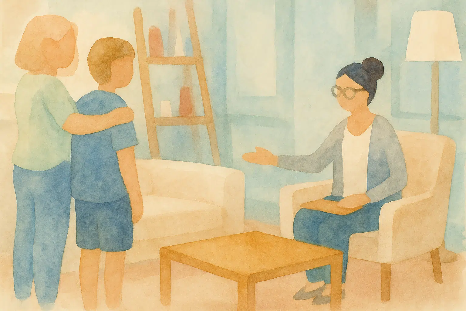 Ilustración que representa cuándo un niño necesita un psicólogo: madre acompaña a su hijo en su primera sesión con una psicóloga infantil en un entorno seguro.