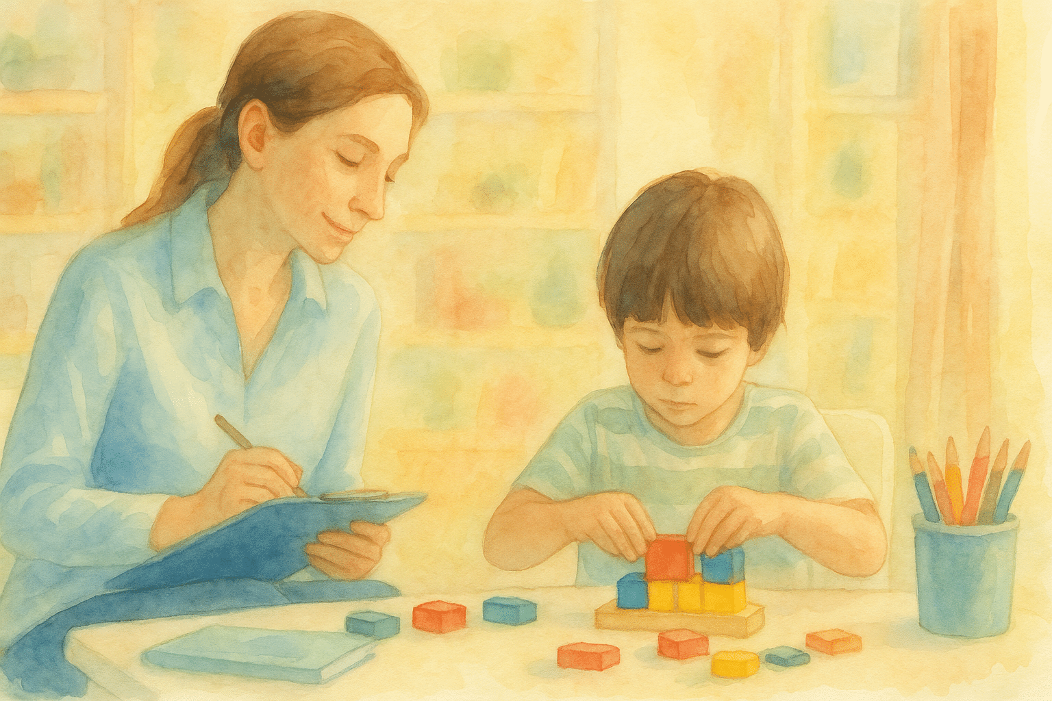Psicólogo infantil observando y evaluando a un niño mientras juega con bloques de colores durante una sesión.
