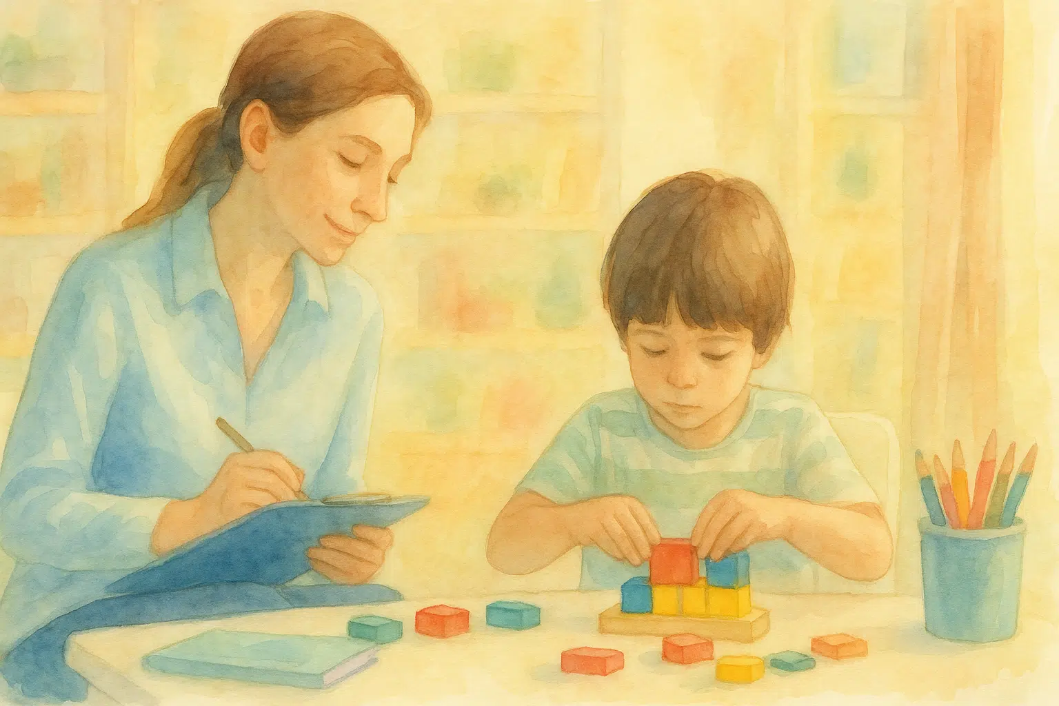 Psicólogo infantil observando y evaluando a un niño mientras juega con bloques de colores durante una sesión.