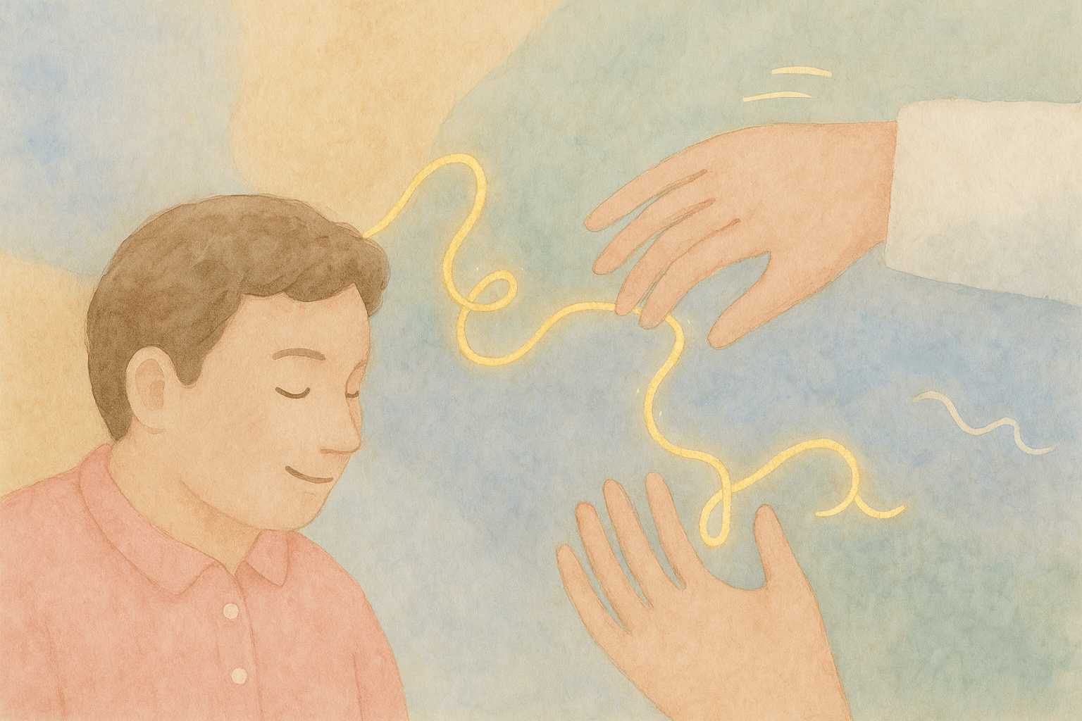 Ilustración de un niño con los ojos cerrados mientras se conecta con las manos de un psicólogo a través de una línea dorada que simboliza la terapia emocional.