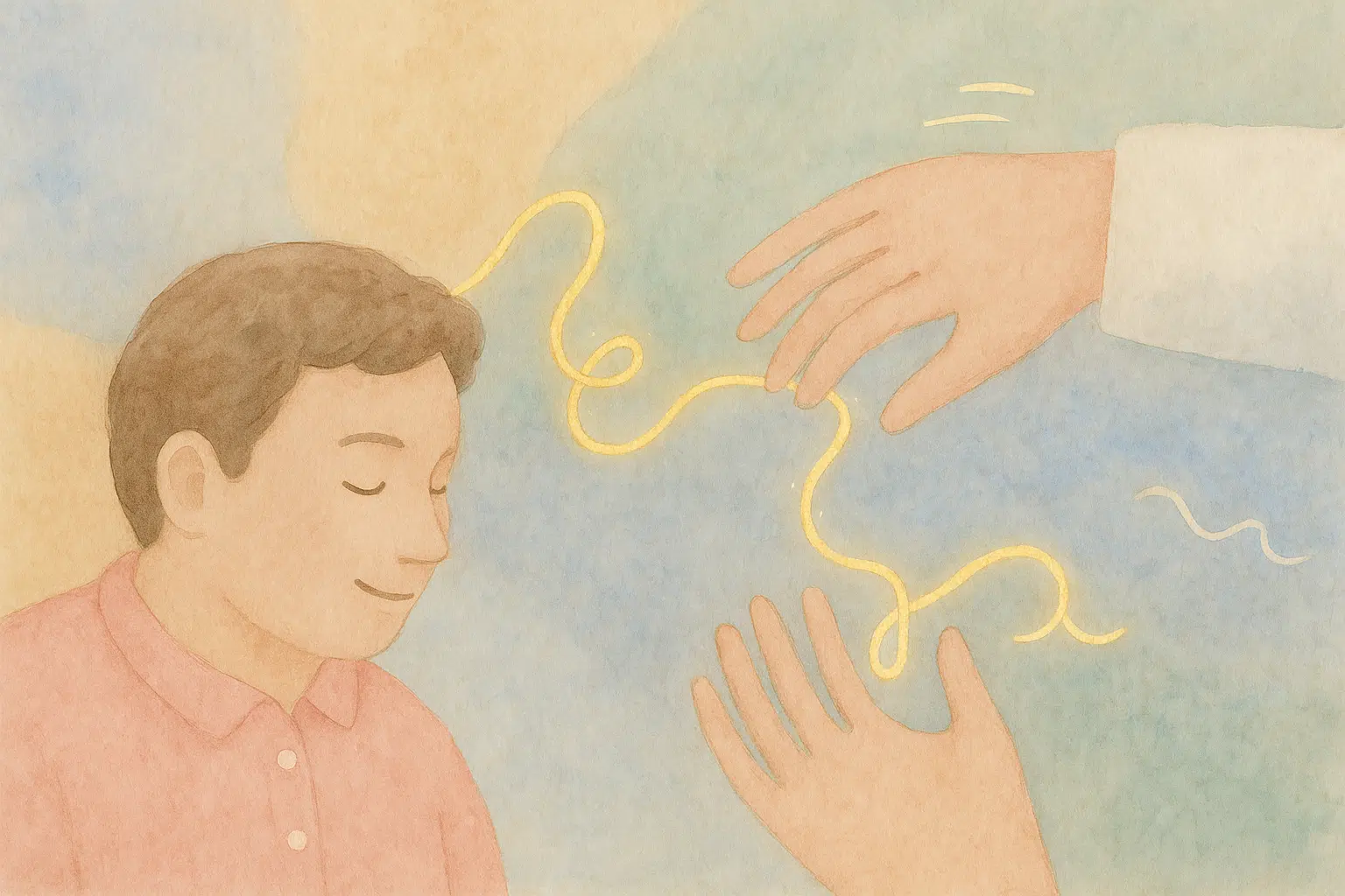 Ilustración de un niño con los ojos cerrados mientras se conecta con las manos de un psicólogo a través de una línea dorada que simboliza la terapia emocional.