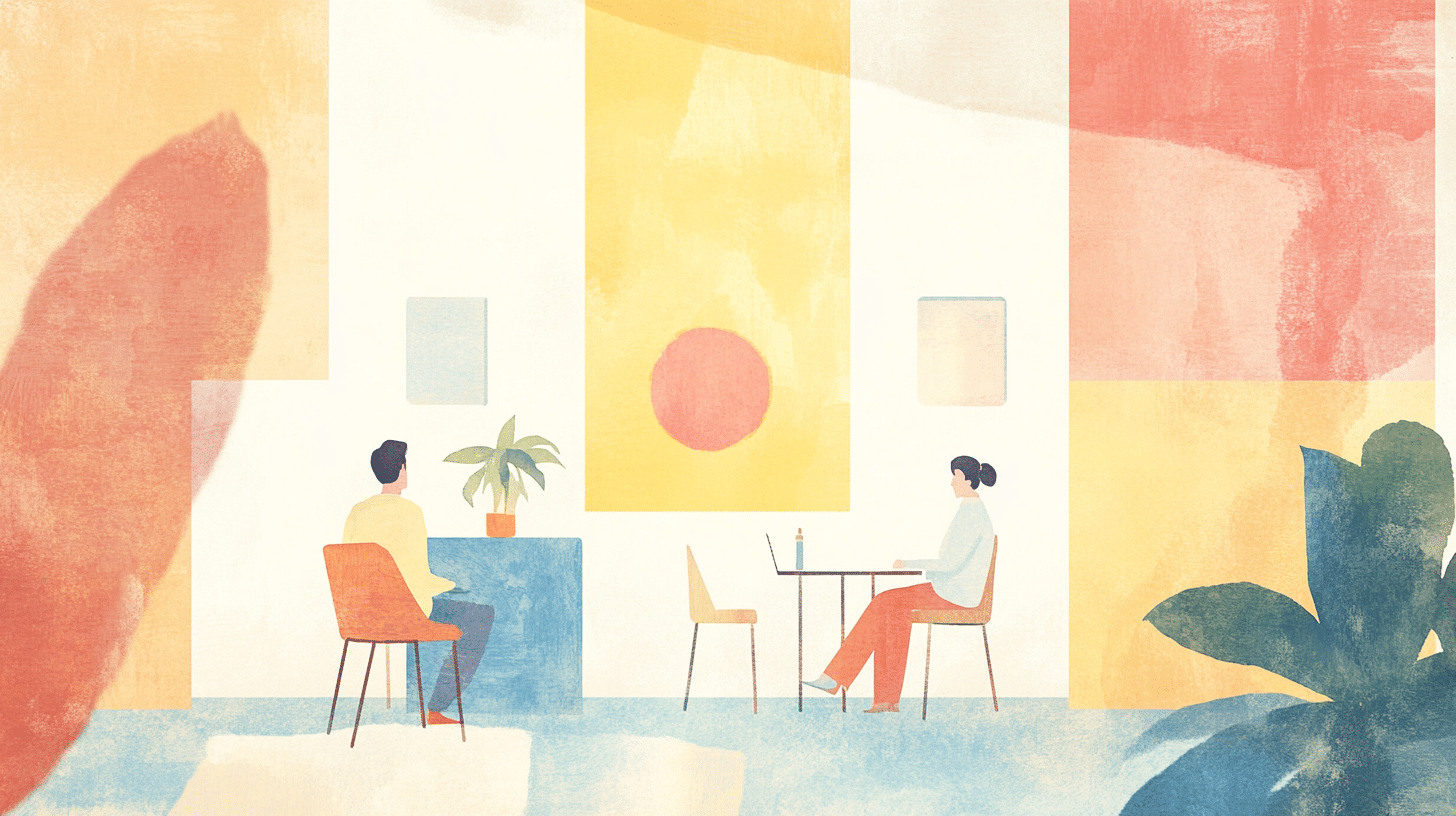 Ilustración abstracta de una sesión de terapia, con un terapeuta y un paciente sentados frente a frente en una sala cálida y colorida.