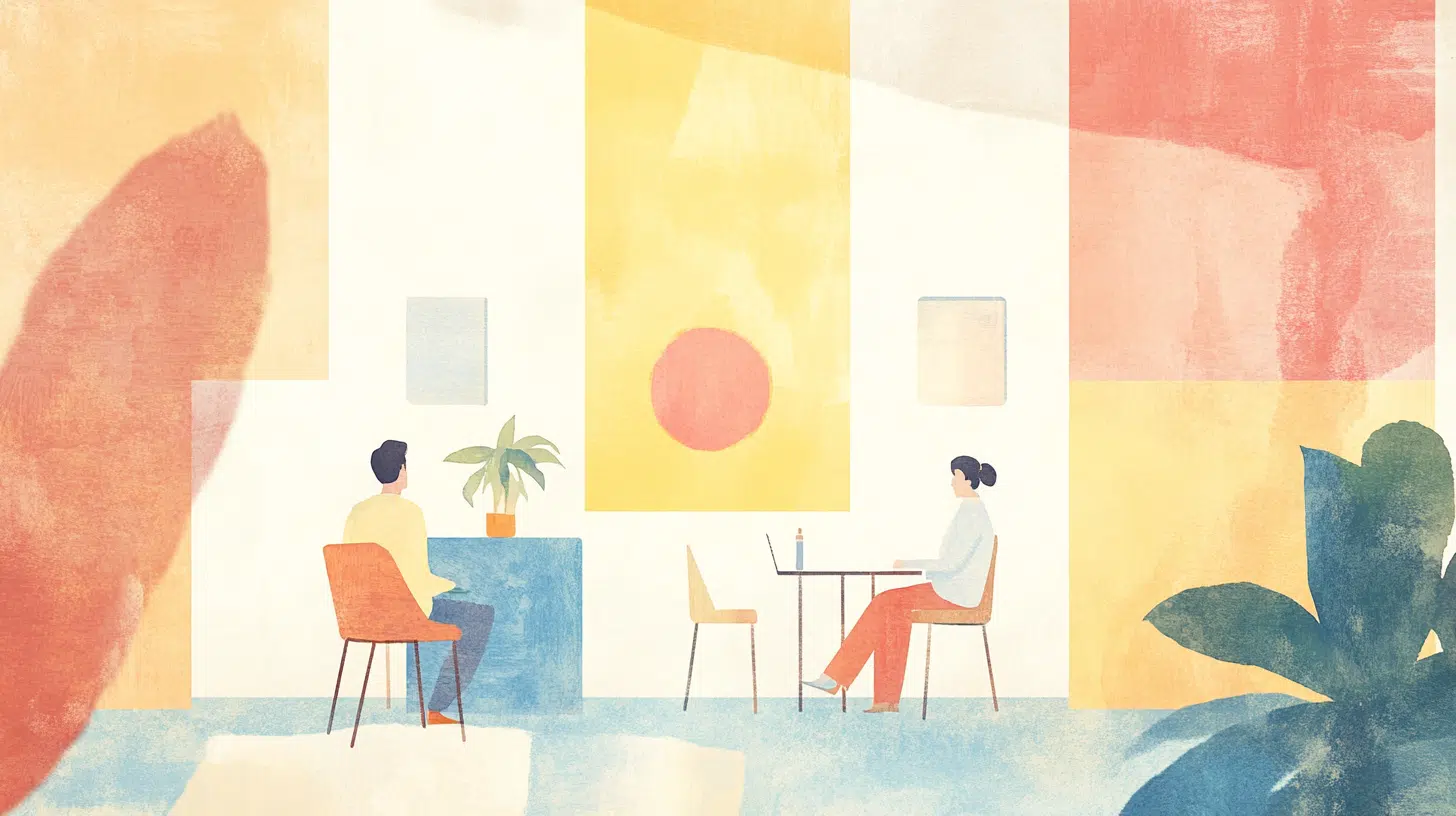 Ilustración abstracta de una sesión de terapia, con un terapeuta y un paciente sentados frente a frente en una sala cálida y colorida.