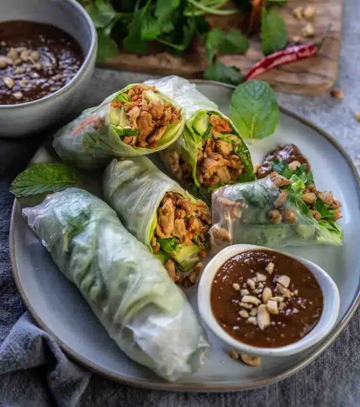 Spring rolls frescos rellenos de pollo, vegetales y hierbas, acompañados de salsa de maní en un plato gris