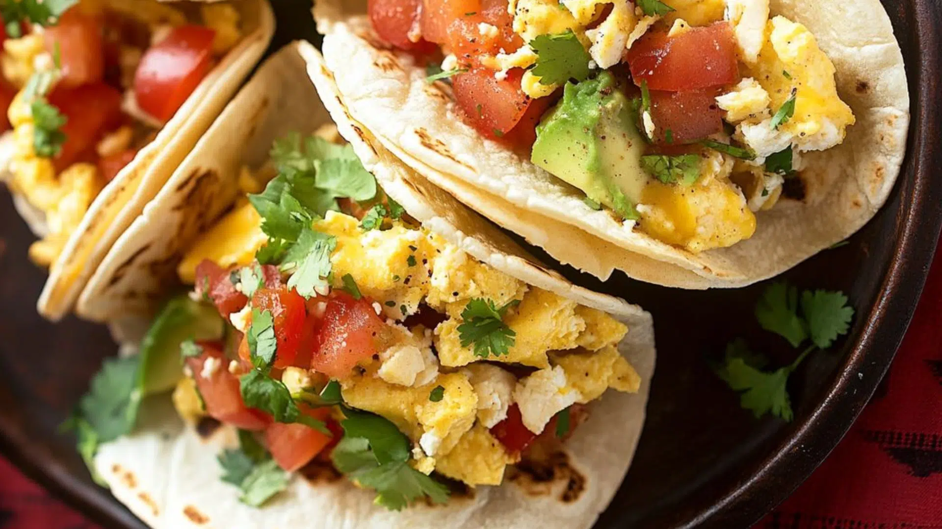 Tacos de huevo revuelto con tomate, aguacate y cilantro fresco en tortillas de maíz.